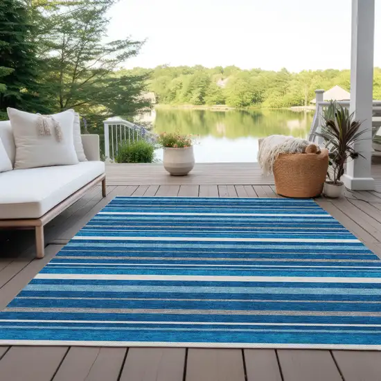 Denim Blue Gray And Ivory Striped Washable Indoor Outdoor Area Rug Photo 8