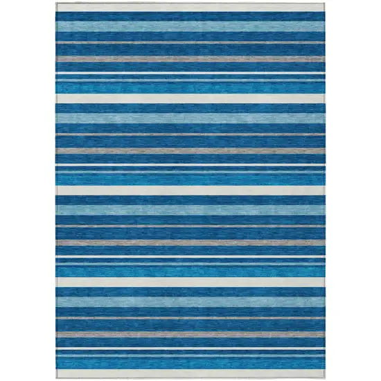 Denim Blue Gray And Ivory Striped Washable Indoor Outdoor Area Rug Photo 2