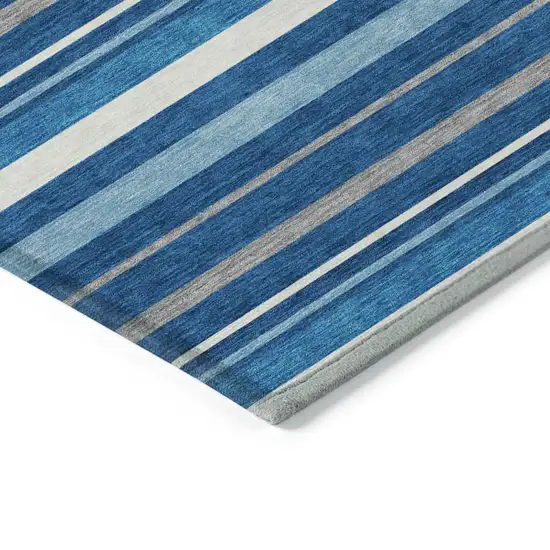 Denim Blue Gray And Ivory Striped Washable Indoor Outdoor Area Rug Photo 5