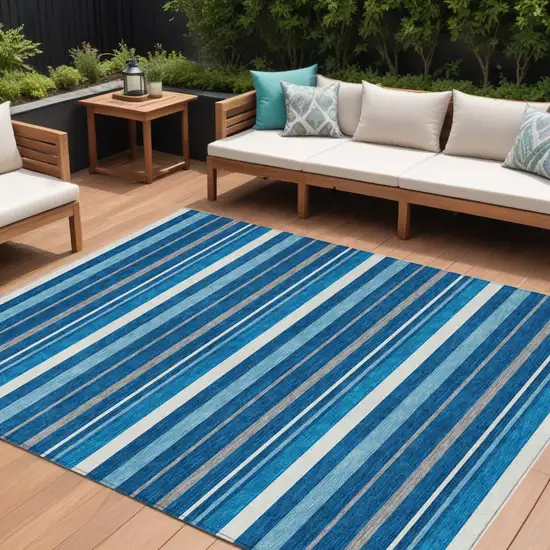 Denim Blue Gray And Ivory Striped Washable Indoor Outdoor Area Rug Photo 1