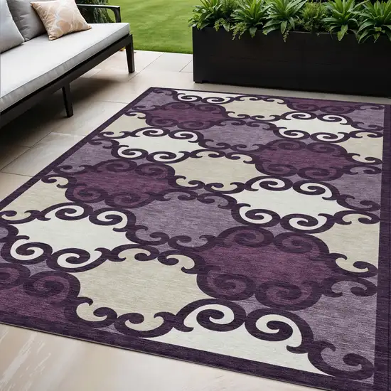 Eggplant And Ivory Trellis Washable Indoor Outdoor Area Rug Photo 1