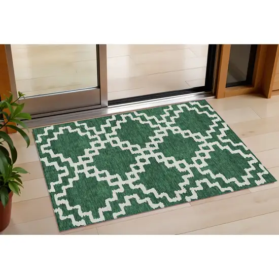 Emerald And Ivory Geometric Washable Indoor Outdoor Area Rug Photo 1