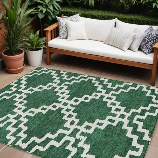 Emerald And Ivory Geometric Washable Indoor Outdoor Area Rug Photo 1