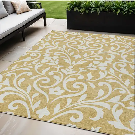 Gold And Beige Floral Washable Indoor Outdoor Area Rug Photo 1