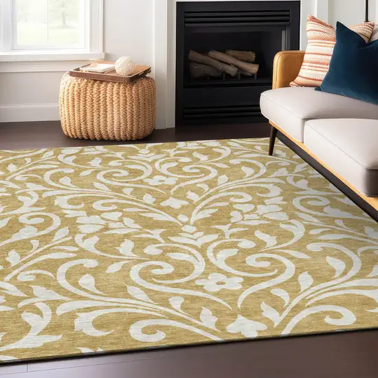 Gold And Beige Floral Washable Indoor Outdoor Area Rug Photo 8