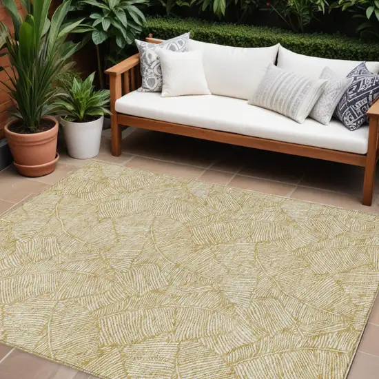 Gold And Beige Floral Washable Indoor Outdoor Area Rug Photo 1