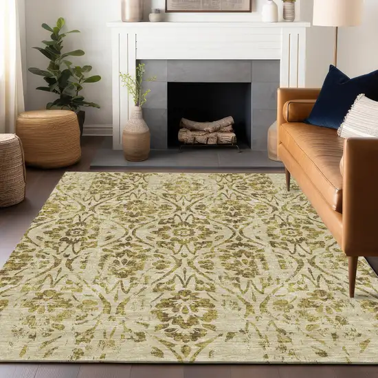Gold And Brown Floral Washable Indoor Outdoor Area Rug Photo 8