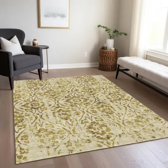 Gold And Brown Floral Washable Indoor Outdoor Area Rug Photo 9