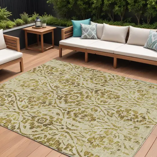 Gold And Brown Floral Washable Indoor Outdoor Area Rug Photo 1