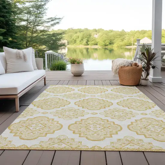 Gold And Ivory Medallion Washable Indoor Outdoor Area Rug Photo 9