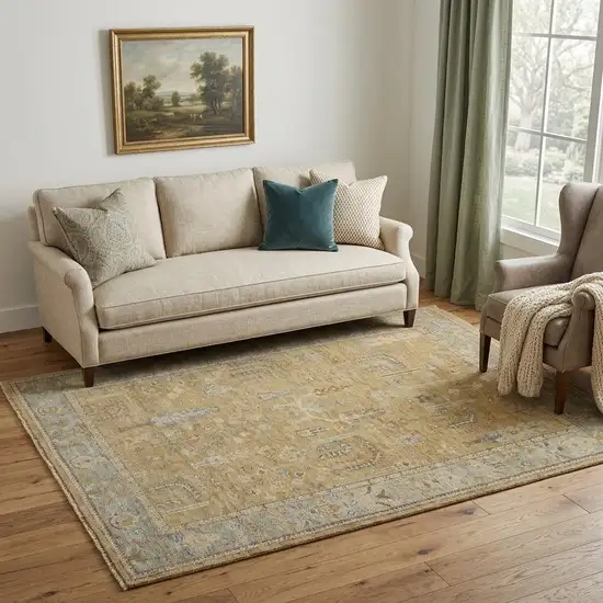 Blue Gray And Brown Wool Floral Hand Knotted Area Rug With Fringe Photo 1