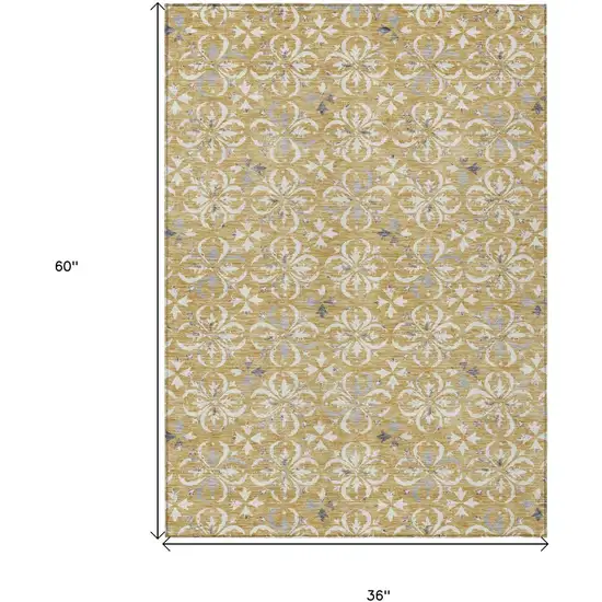 Gold Gray And Beige Floral Washable Indoor Outdoor Area Rug Photo 7