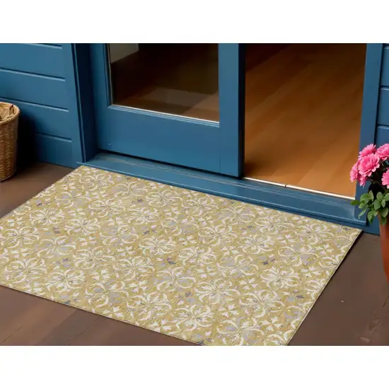 Gold Gray And Beige Floral Washable Indoor Outdoor Area Rug Photo 1