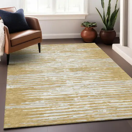 Gold Gray And Beige Striped Washable Indoor Outdoor Area Rug Photo 9