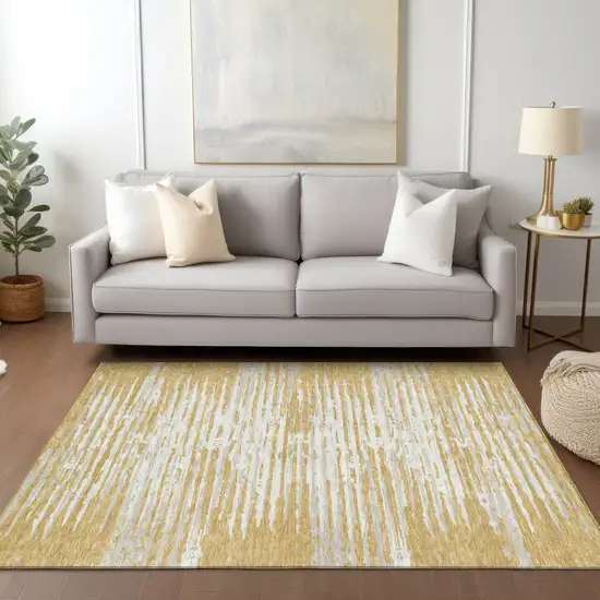 Gold Gray And Beige Striped Washable Indoor Outdoor Area Rug Photo 9