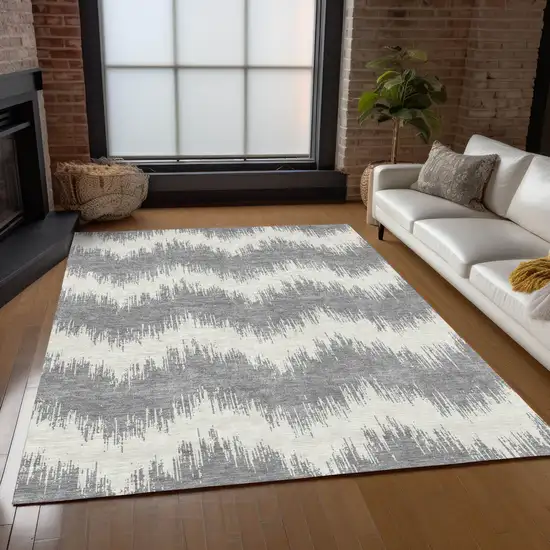 Gray And Ivory Chevron Washable Indoor Outdoor Area Rug Photo 9