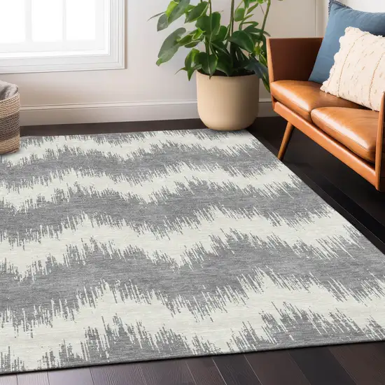 Gray And Ivory Chevron Washable Indoor Outdoor Area Rug Photo 9