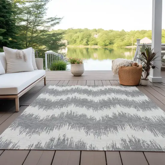 Gray And Ivory Chevron Washable Indoor Outdoor Area Rug Photo 8