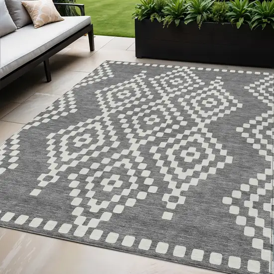 Gray And Ivory Geometric Washable Indoor Outdoor Area Rug Photo 1