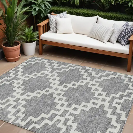Gray And Ivory Geometric Washable Indoor Outdoor Area Rug Photo 1