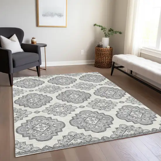 Gray And Ivory Medallion Washable Indoor Outdoor Area Rug Photo 9