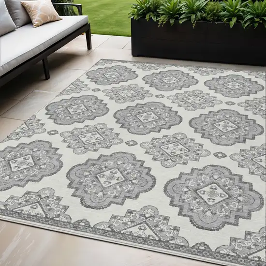 Gray And Ivory Medallion Washable Indoor Outdoor Area Rug Photo 1