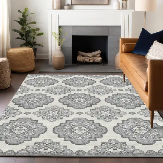 Gray And Ivory Medallion Washable Indoor Outdoor Area Rug Photo 9