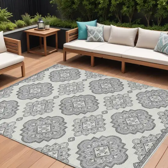 Gray And Ivory Medallion Washable Indoor Outdoor Area Rug Photo 1