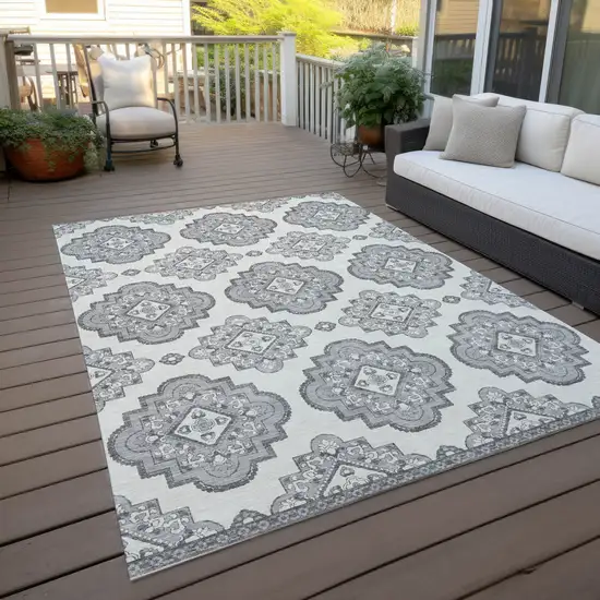 Gray And Ivory Medallion Washable Indoor Outdoor Area Rug Photo 8