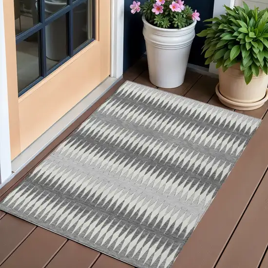 Gray And Ivory Striped Washable Indoor Outdoor Area Rug Photo 1