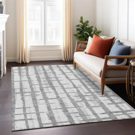 Gray And Ivory Striped Washable Indoor Outdoor Area Rug Photo 9