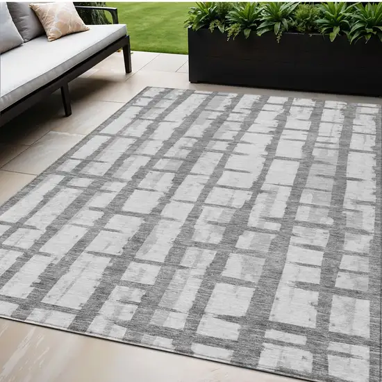 Gray And Ivory Striped Washable Indoor Outdoor Area Rug Photo 1