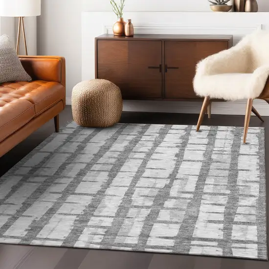 Gray And Ivory Striped Washable Indoor Outdoor Area Rug Photo 9