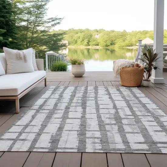 Gray And Ivory Striped Washable Indoor Outdoor Area Rug Photo 8
