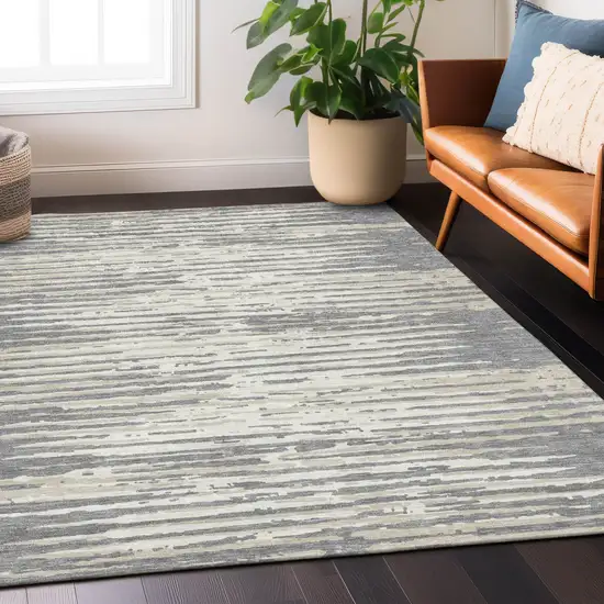Gray And Ivory Striped Washable Indoor Outdoor Area Rug Photo 8