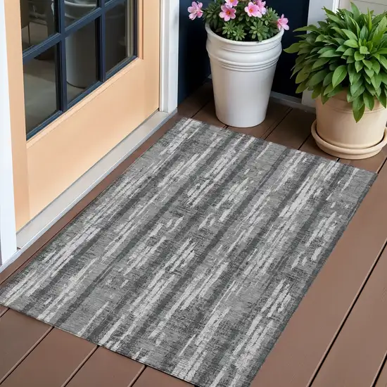 Gray And Ivory Striped Washable Indoor Outdoor Area Rug Photo 1