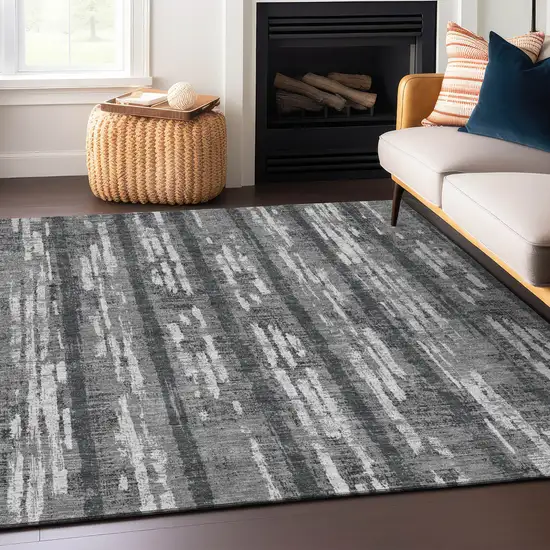 Gray And Ivory Striped Washable Indoor Outdoor Area Rug Photo 8