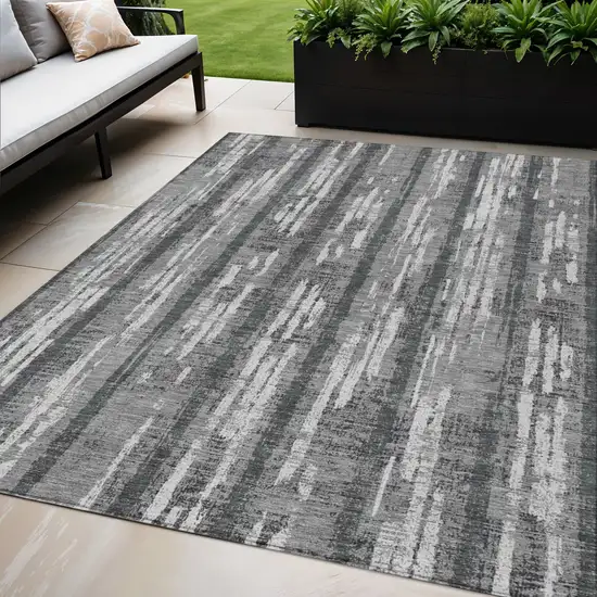 Gray And Ivory Striped Washable Indoor Outdoor Area Rug Photo 1