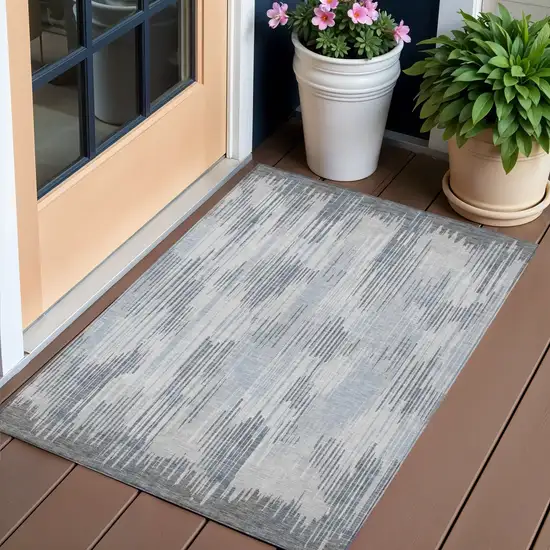 Gray And Ivory Striped Washable Indoor Outdoor Area Rug Photo 1