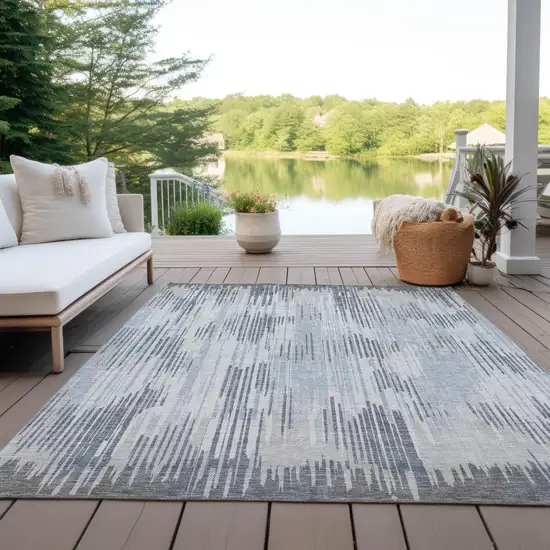 Gray And Ivory Striped Washable Indoor Outdoor Area Rug Photo 8