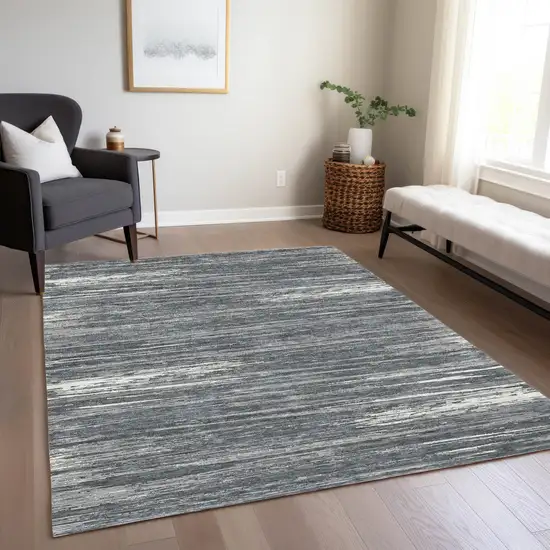 Gray And Ivory Striped Washable Indoor Outdoor Area Rug Photo 9