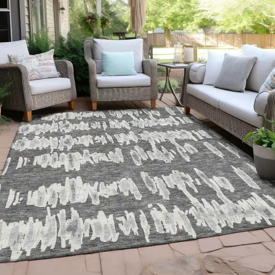 Gray And Ivory Striped Washable Indoor Outdoor Area Rug Photo 8