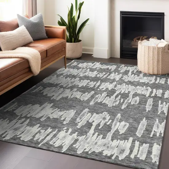 Gray And Ivory Striped Washable Indoor Outdoor Area Rug Photo 9