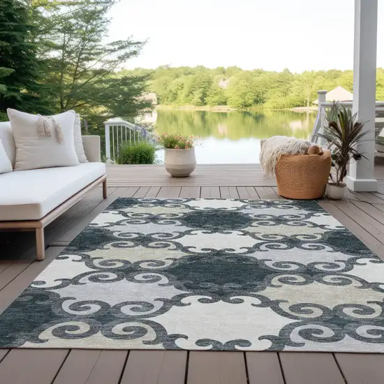 Gray And Ivory Trellis Washable Indoor Outdoor Area Rug Photo 8