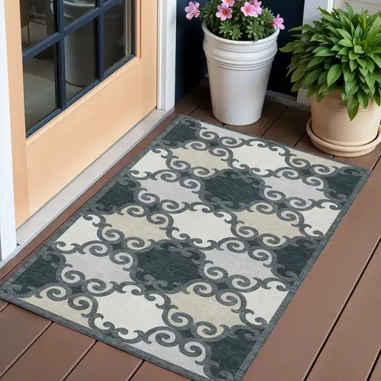 Gray And Ivory Trellis Washable Indoor Outdoor Area Rug Photo 1