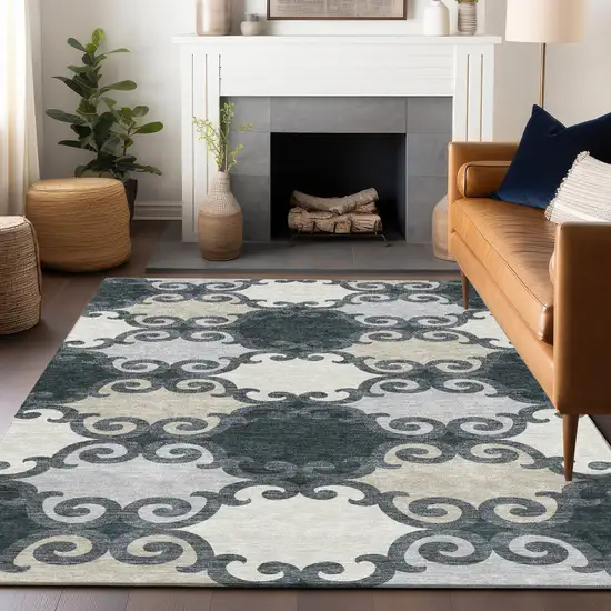 Gray And Ivory Trellis Washable Indoor Outdoor Area Rug Photo 9