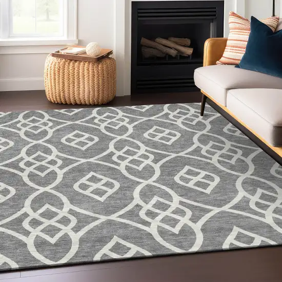 Gray And Ivory Trellis Washable Indoor Outdoor Area Rug Photo 7