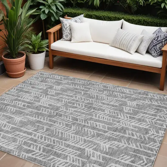 Gray And Silver Tribal Washable Indoor Outdoor Area Rug Photo 1