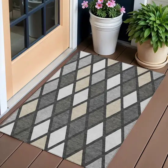 Gray Beige And Ivory Geometric Washable Indoor Outdoor Area Rug Photo 1