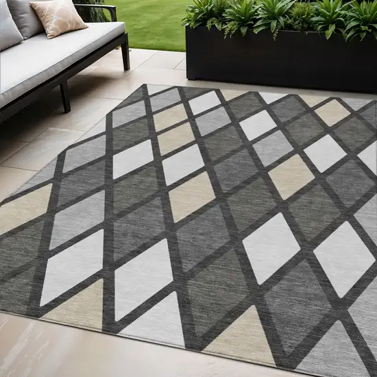 Gray Beige And Ivory Geometric Washable Indoor Outdoor Area Rug Photo 1